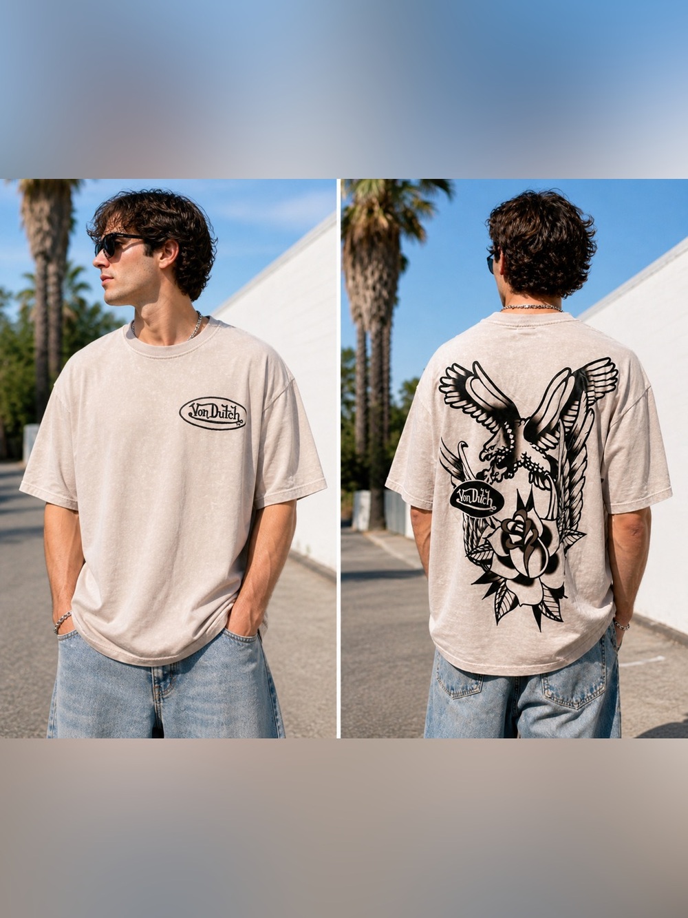 Von Dutch Eagle Rose Graphic Tee XL Oversized Cream NWT